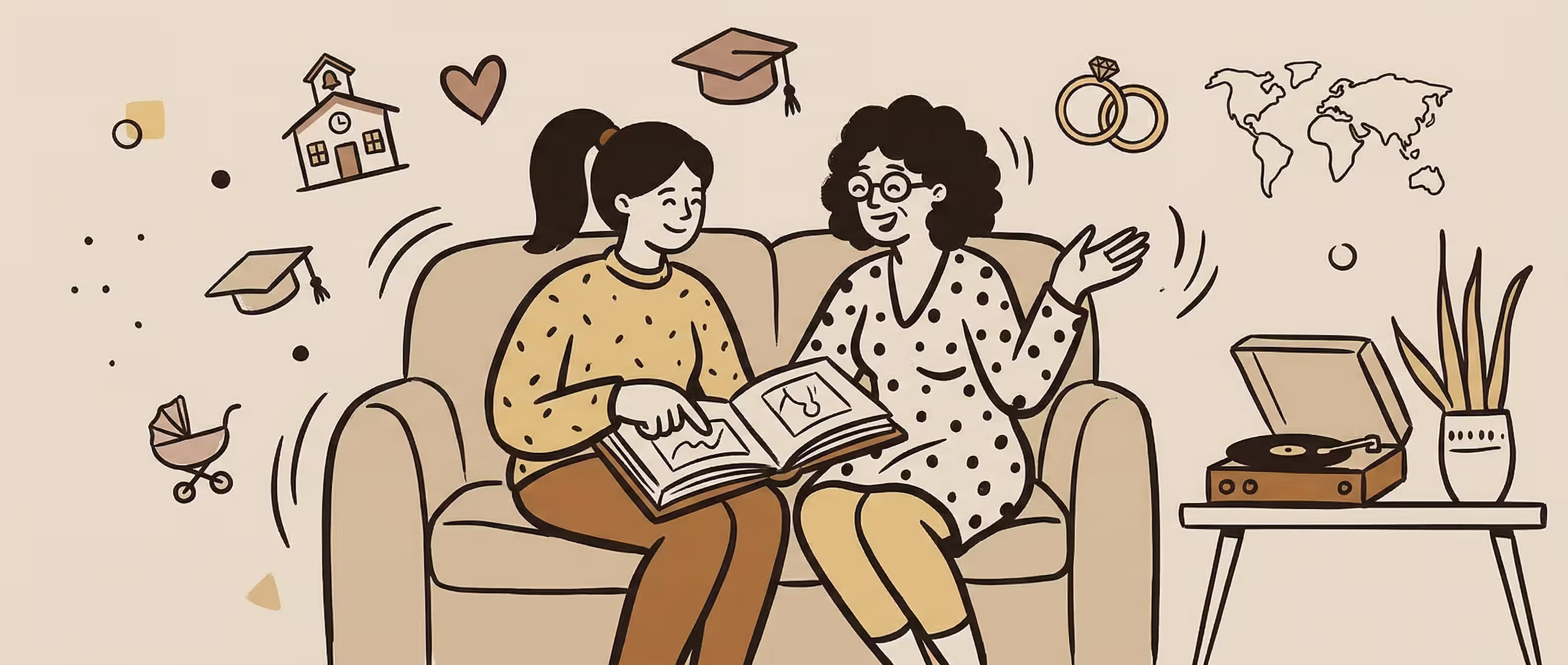 A mother sharing stories from her past, with old photographs and mementos spread between her and her adult child