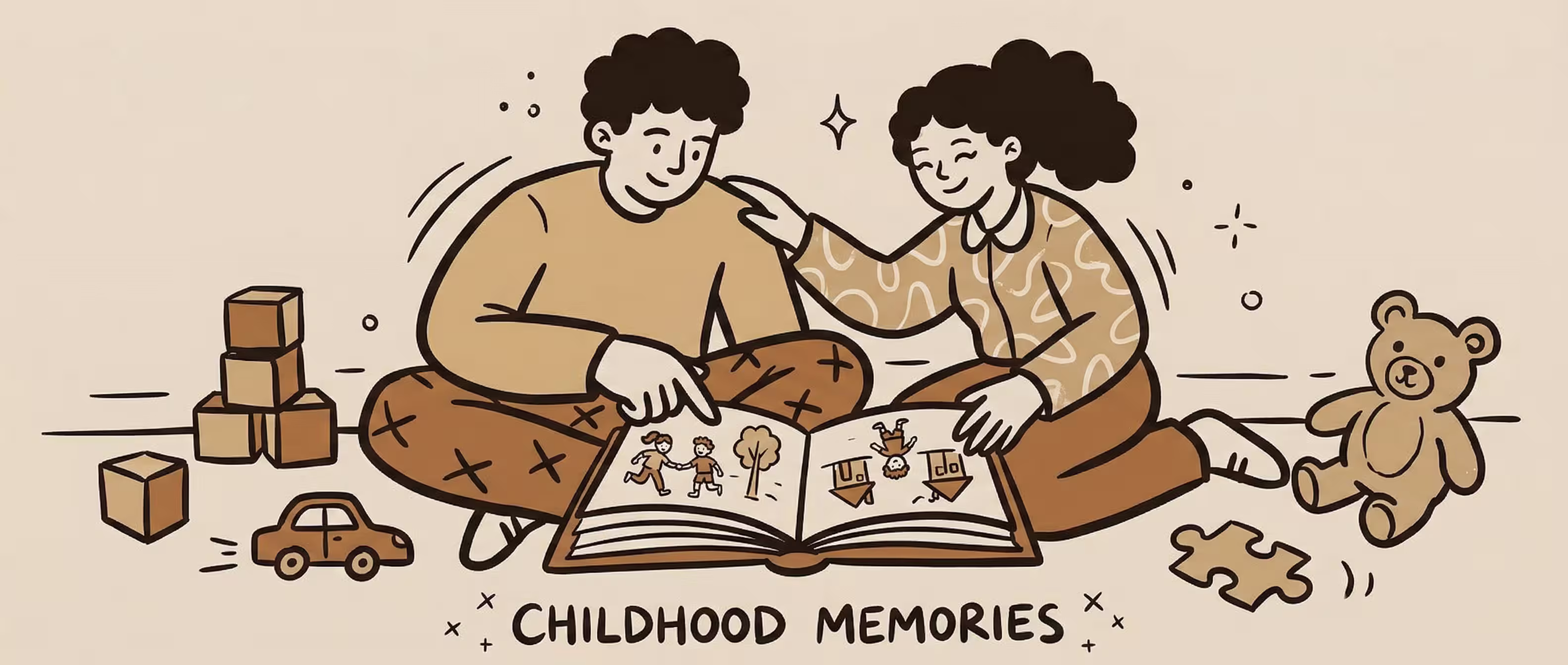 Siblings sitting together looking through a box of old family photos and childhood mementos, comparing their different recollections