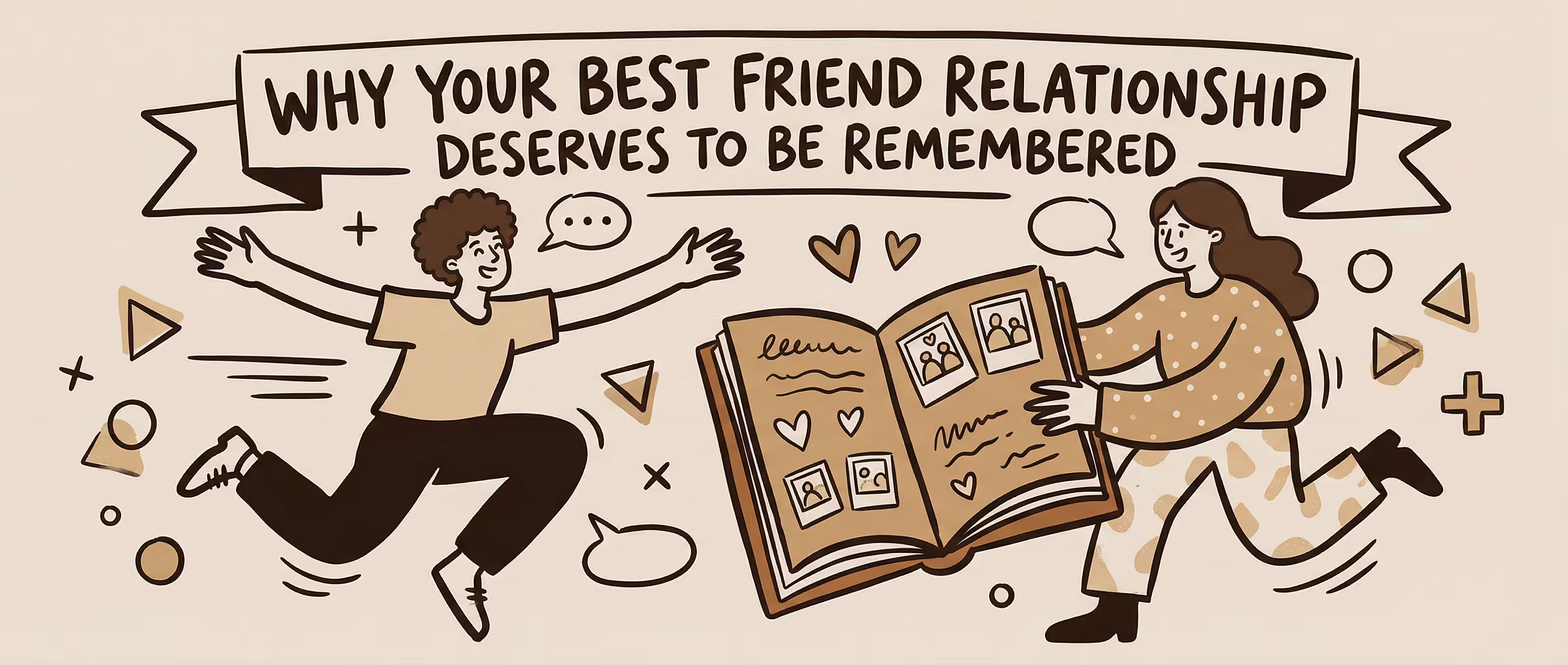 Two best friends looking through a shared keepsake book that captures their friendship's stories and memories over the years