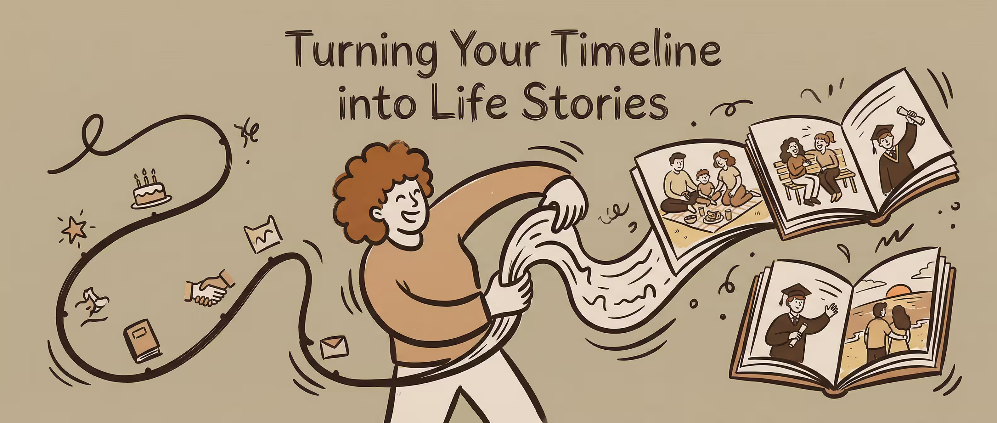 A person sitting with their completed life timeline beside them, now writing the stories behind the dates
