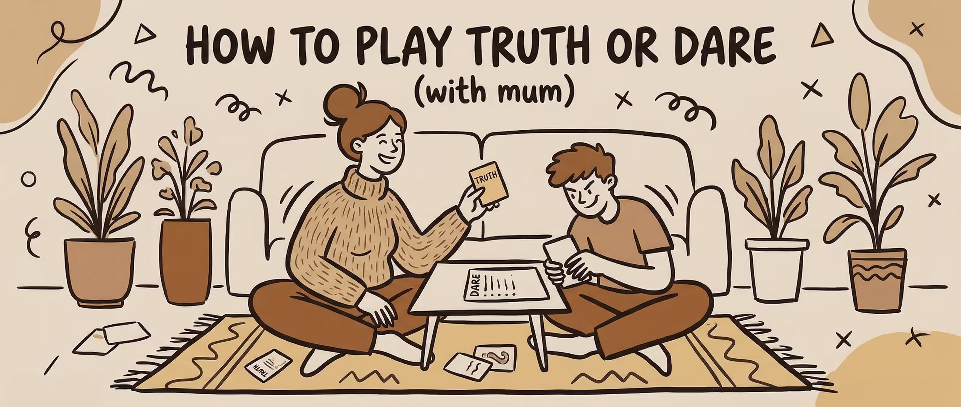 A mother and daughter sitting on the couch setting up to play truth or dare together, smiling and relaxed