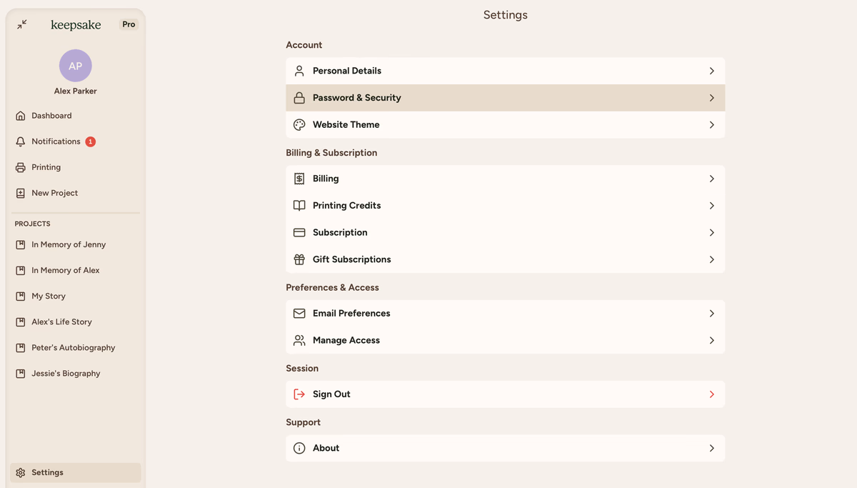 Password & Security
Settings