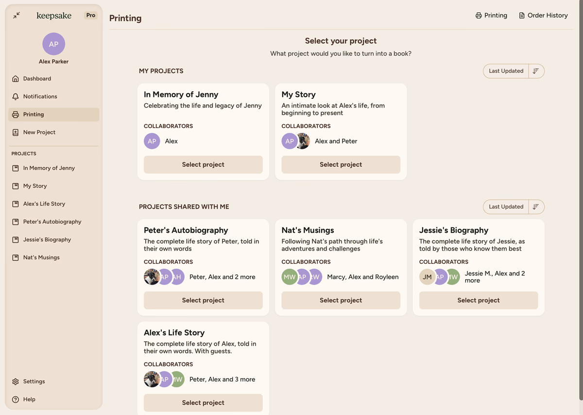 Project selection
screen
