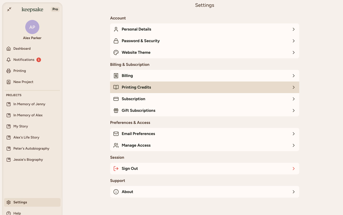 Printing Credits
menu