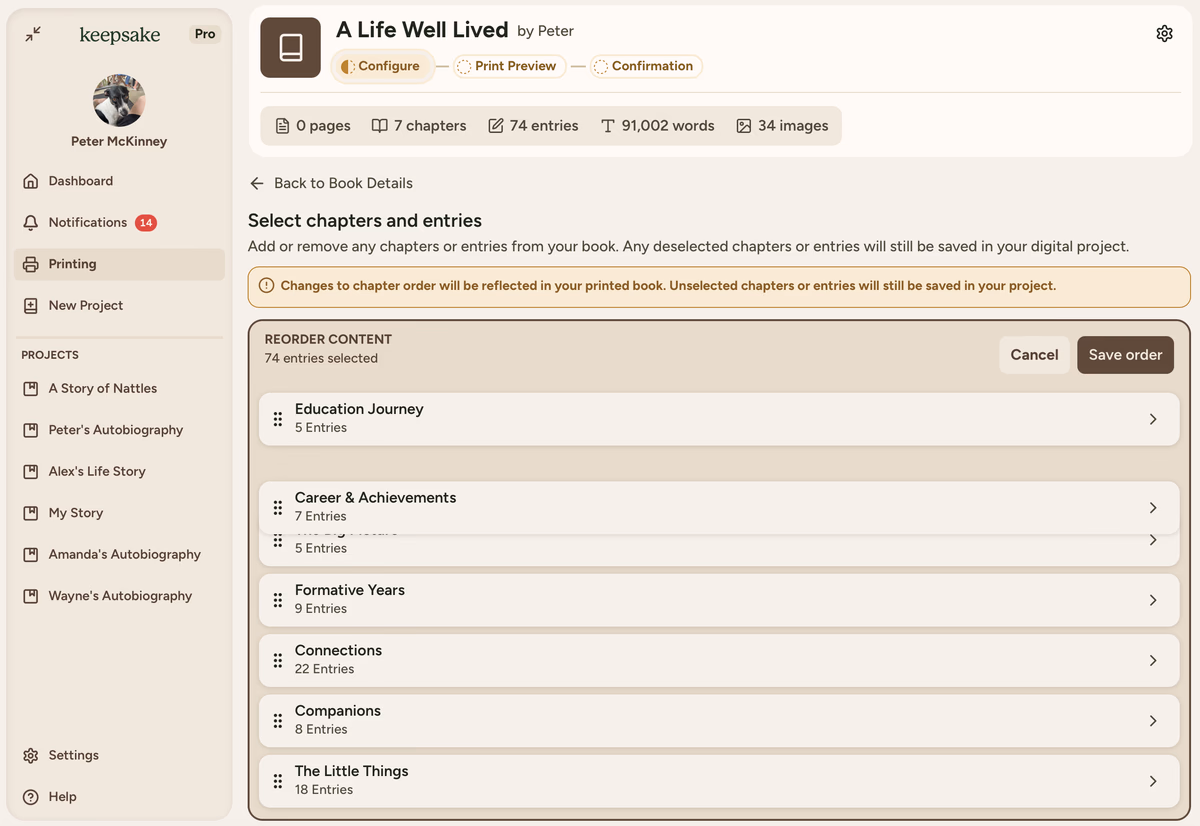 Chapter reorder interface