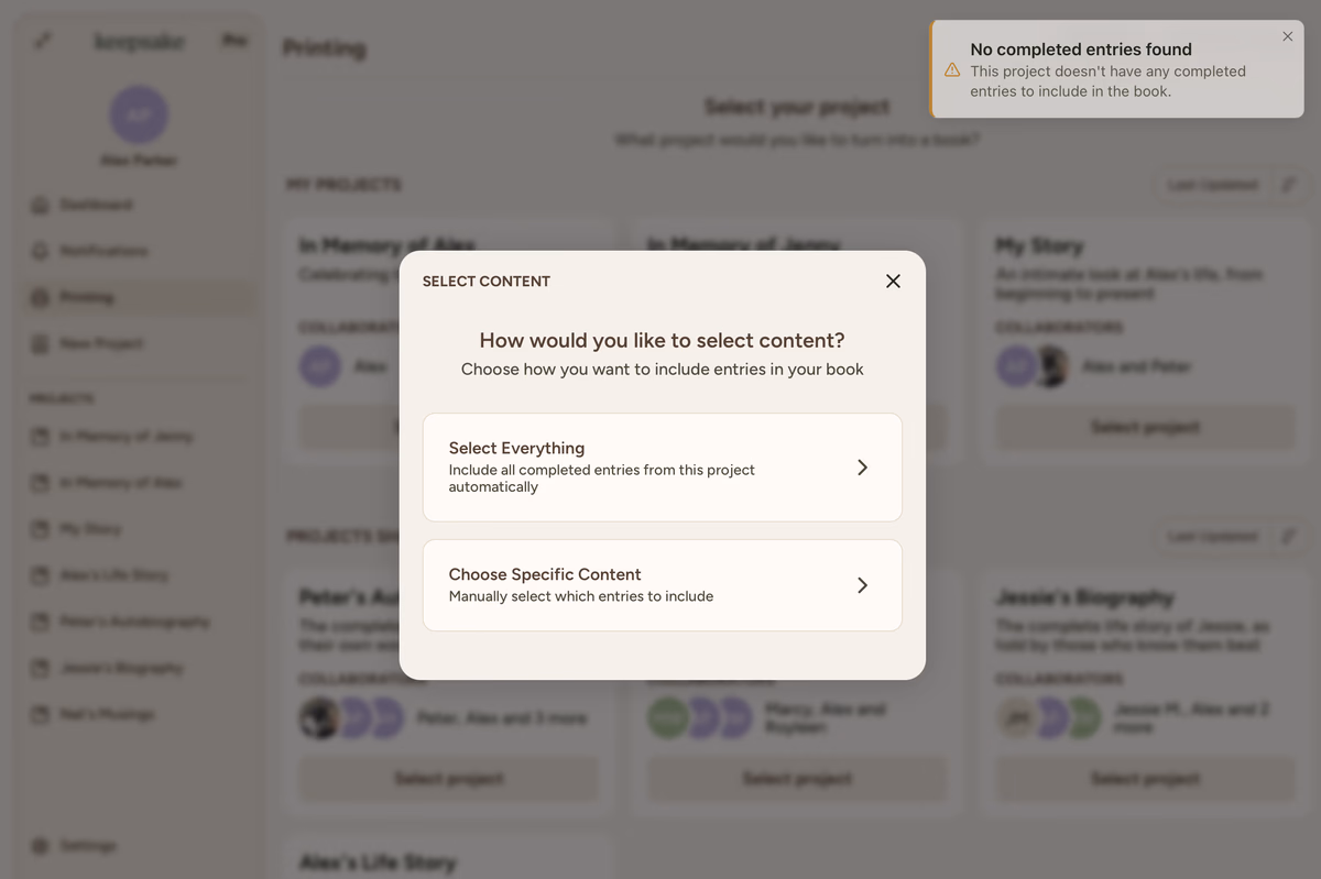 Content selection
interface