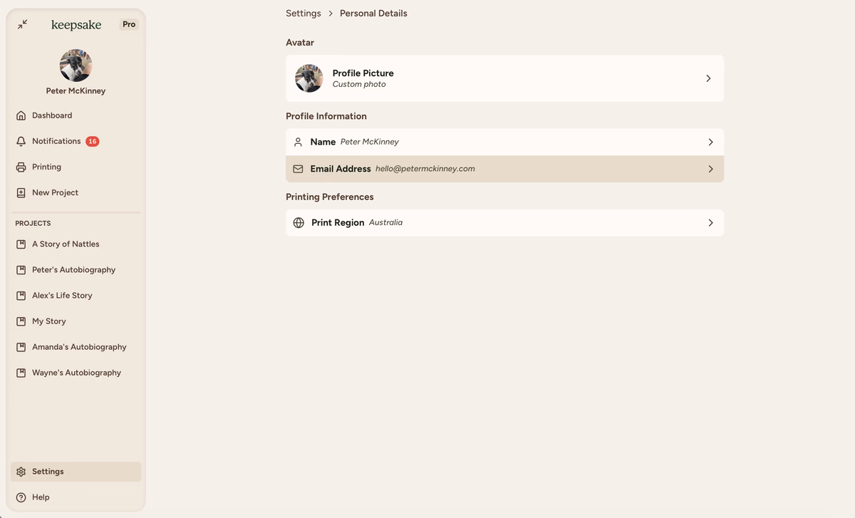 Updated email in Personal
Details