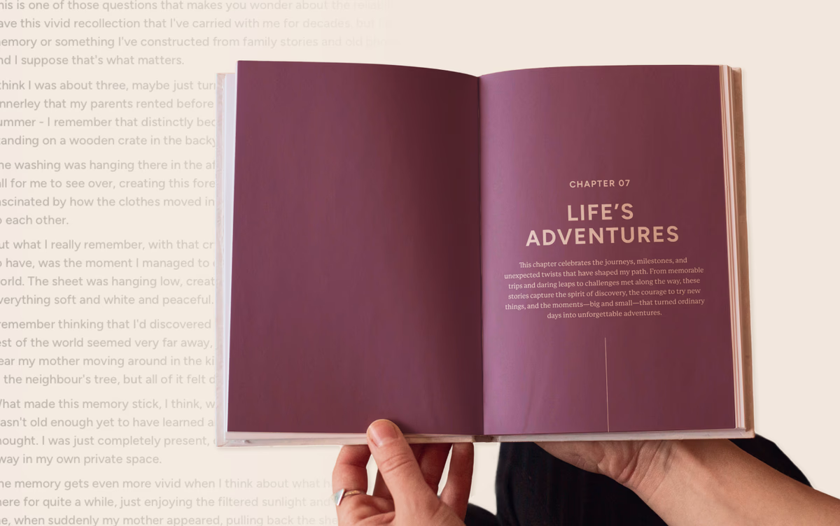 Open printed Keepsake book showing chapter pages with professional layout